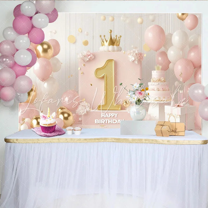 Lofaris Pink and Gold Happy First Birthday Party Backdrop with Golden Number One Crown and Elegant Balloons Decor for Girls
