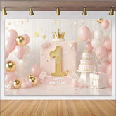 Lofaris Pink and Gold Happy First Birthday Party Backdrop with Golden Number One Crown and Elegant Balloons Decor for Girls