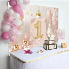 Lofaris Pink and Gold Happy First Birthday Party Backdrop with Golden Number One Crown and Elegant Balloons Decor for Girls