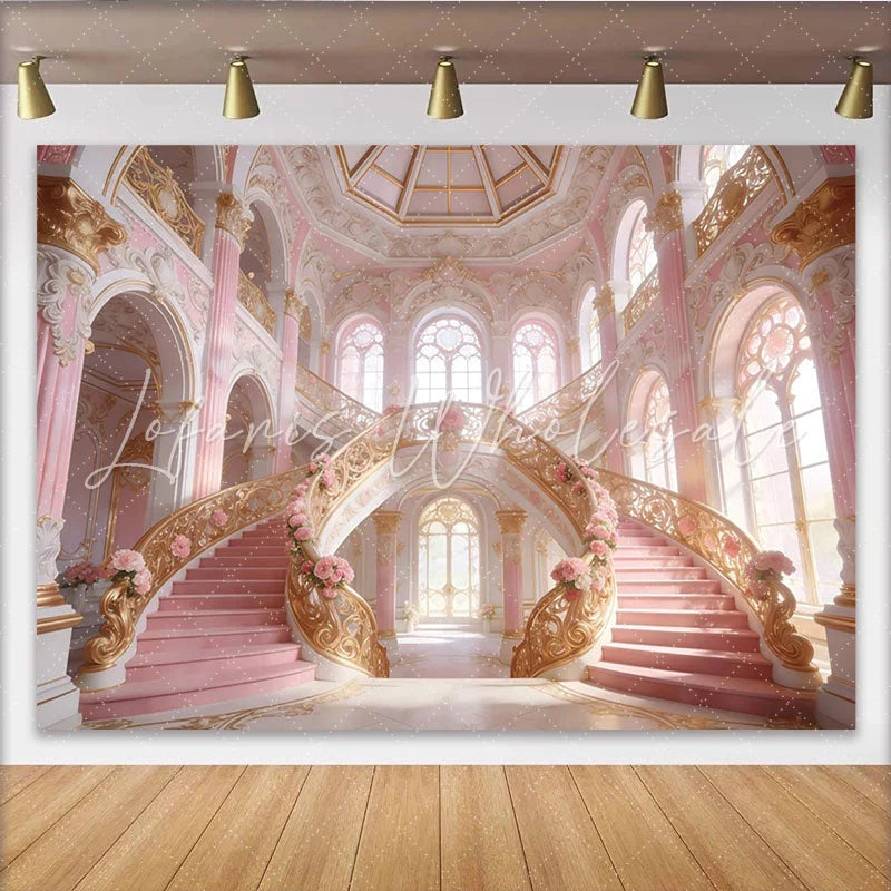 Lofaris Pink and Gold Palace Photography Backdrop with Grand Staircase and Roses Luxurious Studio Background for Elegant Photoshoot