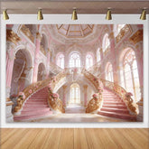 Lofaris Pink and Gold Palace Photography Backdrop with Grand Staircase and Roses Luxurious Studio Background for Elegant Photoshoot