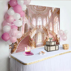 Lofaris Pink and Gold Palace Photography Backdrop with Grand Staircase and Roses Luxurious Studio Background for Elegant Photoshoot