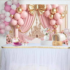 Lofaris Pink and Gold Princess Birthday Backdrop with Castle and Carriage Elegant Party Background for Girls Photoshoot