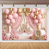 Lofaris Pink and Gold Princess Birthday Backdrop with Castle and Carriage Elegant Party Background for Girls Photoshoot