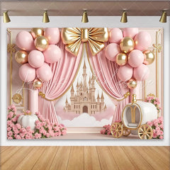 Lofaris Pink and Gold Princess Birthday Backdrop with Castle and Carriage Elegant Party Background for Girls Photoshoot