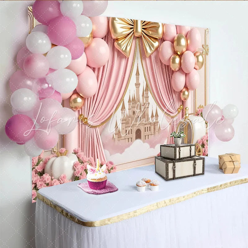 Lofaris Pink and Gold Princess Birthday Backdrop with Castle and Carriage Elegant Party Background for Girls Photoshoot