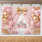 Lofaris Pink and Gold Princess Castle Birthday Backdrop with Balloons and Roses Fairy Tale Party Decor for Girls Photoshoot
