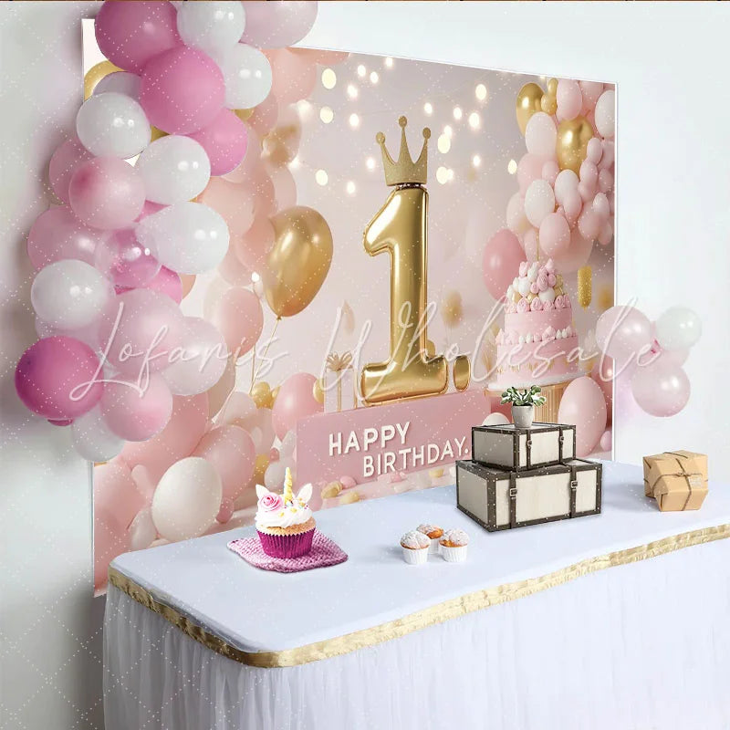 Lofaris Pink and Gold Princess First Birthday Party Backdrop with Crown Number 1 and Cake Happy Birthday Decor