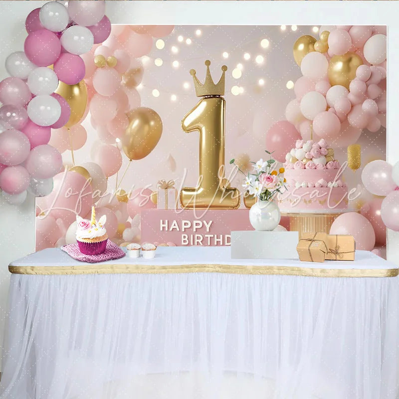 Lofaris Pink and Gold Princess First Birthday Party Backdrop with Crown Number 1 and Cake Happy Birthday Decor