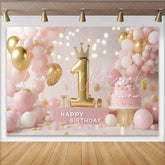 Lofaris Pink and Gold Princess First Birthday Party Backdrop with Crown Number 1 and Cake Happy Birthday Decor