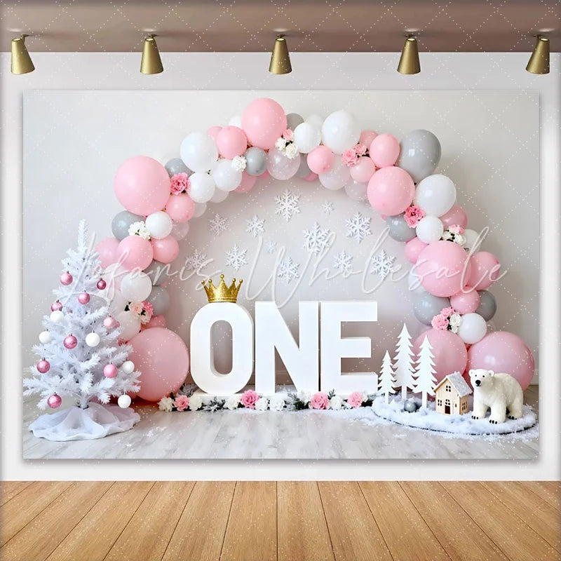 Lofaris Pink and Grey Winter ONEderland Backdrop Birthday Cake Smash Background with Snowflakes and Polar Bear