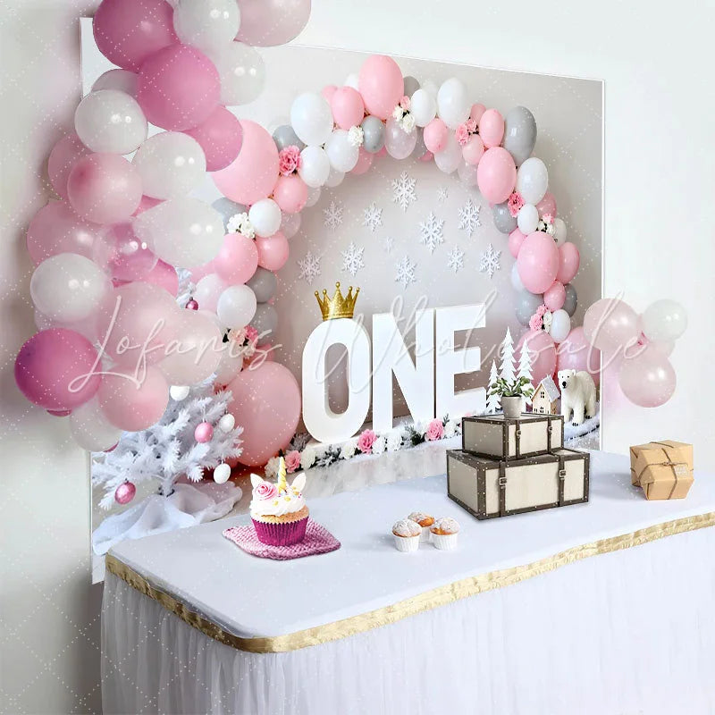 Lofaris Pink and Grey Winter ONEderland Backdrop Birthday Cake Smash Background with Snowflakes and Polar Bear