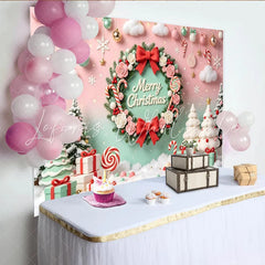 Lofaris Pink and Mint Christmas Wreath Backdrop with Snowy Trees Festive Holiday Photography Background for Winter
