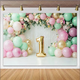 Lofaris Pink and Mint Green 1st Birthday Backdrop with Gold Number One Balloon Floral Garland Photography Background for Baby Girl Cake
