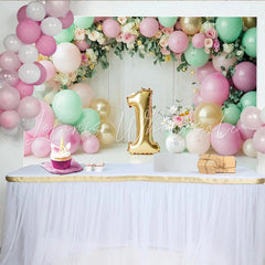 Lofaris Pink and Mint Green 1st Birthday Backdrop with Gold Number One Balloon Floral Garland Photography Background for Baby Girl Cake