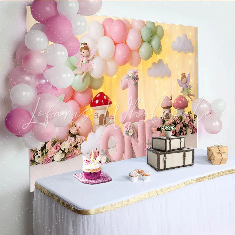 Lofaris Pink and Mint Green Fairy Garden First Birthday Party Backdrop Whimsical Mushroom Houses and Balloons