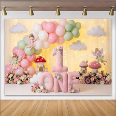 Lofaris Pink and Mint Green Fairy Garden First Birthday Party Backdrop Whimsical Mushroom Houses and Balloons
