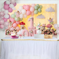Lofaris Pink and Mint Green Fairy Garden First Birthday Party Backdrop Whimsical Mushroom Houses and Balloons