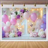 Lofaris Pink and Purple Balloons Flowers 1st Birthday Party Backdrop with Butterflies Elegant Baby Girl Celebration