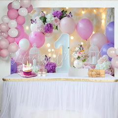 Lofaris Pink and Purple Balloons Flowers 1st Birthday Party Backdrop with Butterflies Elegant Baby Girl Celebration