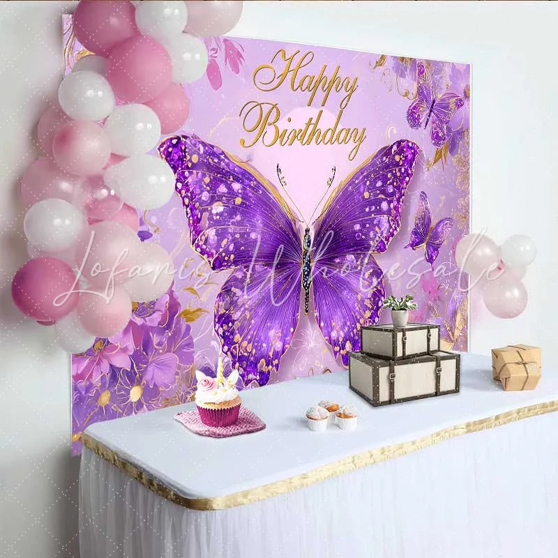 Lofaris Pink and Purple Butterfly Birthday Backdrop Floral Fantasy Party Background Girl Princess Photo Booth Prop