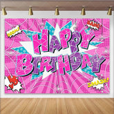Lofaris Pink and Purple Comic Book Birthday Backdrop with Spider Webs Pop Art Style Party Background for Girls Photoshoot