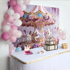 Lofaris Pink and Purple Floral Carousel Birthday Backdrop for Girls Whimsical Princess Party Photography Background Decor