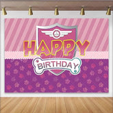 Lofaris Pink and Purple Striped Happy Birthday Party Backdrop featuring a Winged Emblem and Cute Paw Prints