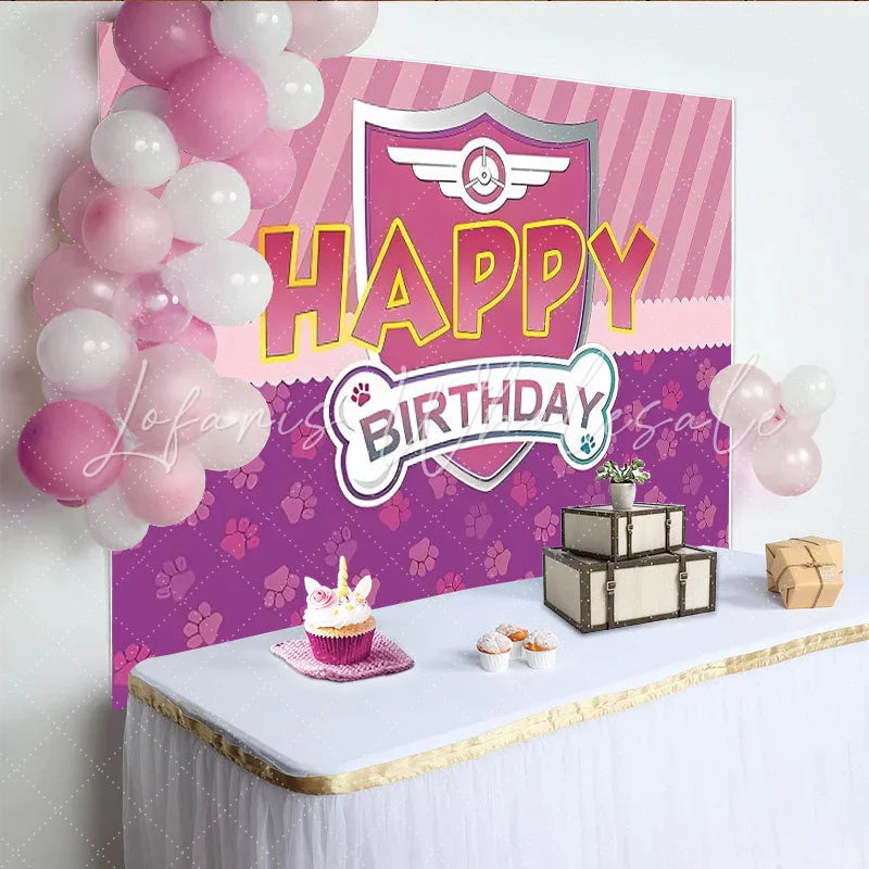Lofaris Pink and Purple Striped Happy Birthday Party Backdrop featuring a Winged Emblem and Cute Paw Prints