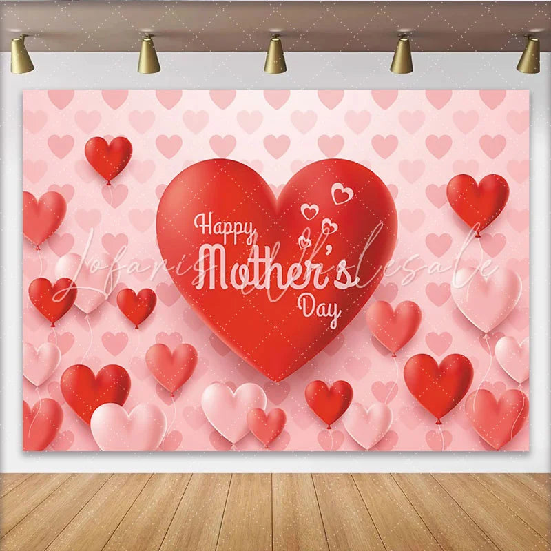 Lofaris Pink and Red Heart Balloons Mothers Day Backdrop Elegant Party Decor for Family Celebration Photoshoot