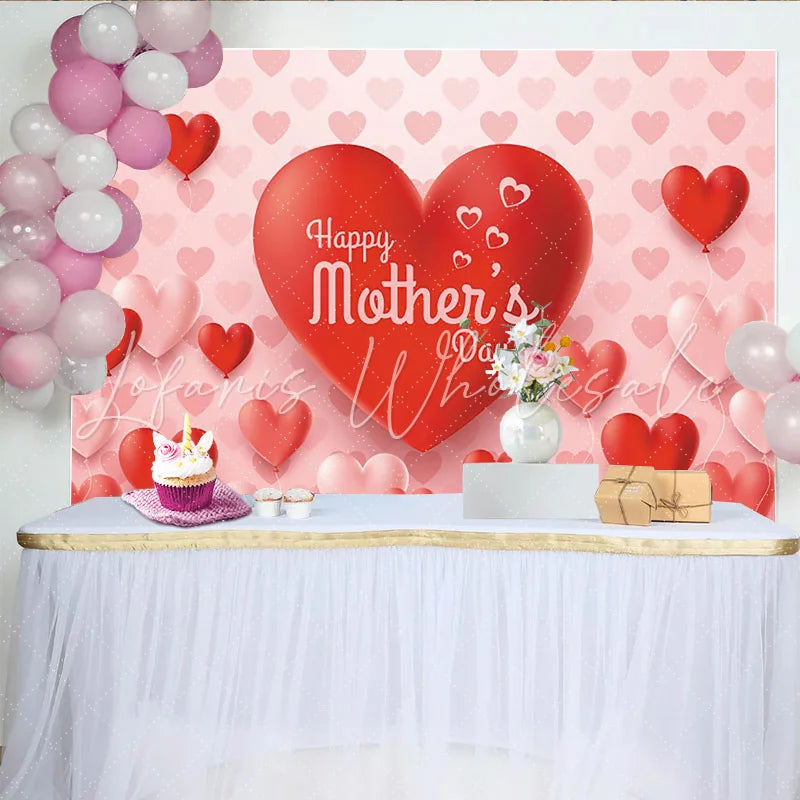 Lofaris Pink and Red Heart Balloons Mothers Day Backdrop Elegant Party Decor for Family Celebration Photoshoot