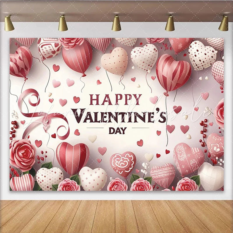 Lofaris Pink and Red Heart Balloons Valentine’s Day Backdrop Romantic Roses and Ribbons Party Decor