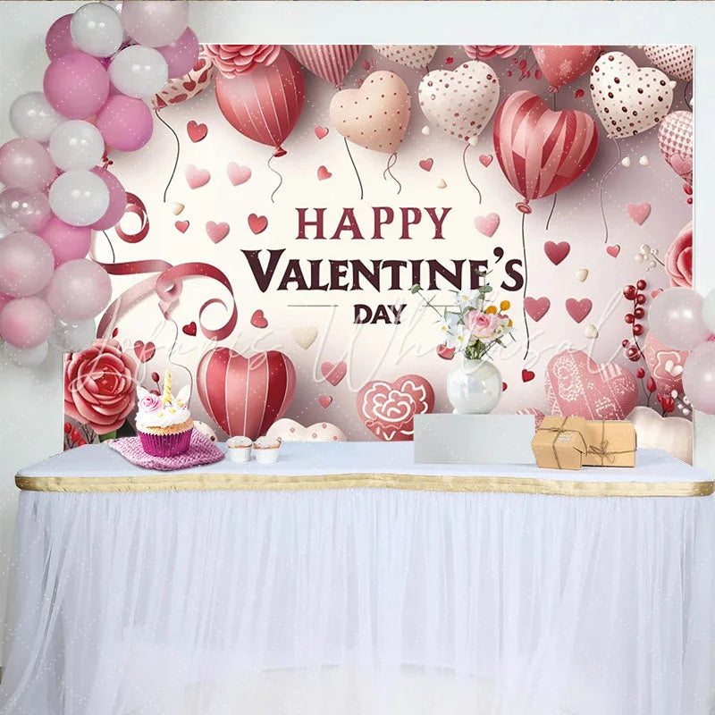 Lofaris Pink and Red Heart Balloons Valentine’s Day Backdrop Romantic Roses and Ribbons Party Decor
