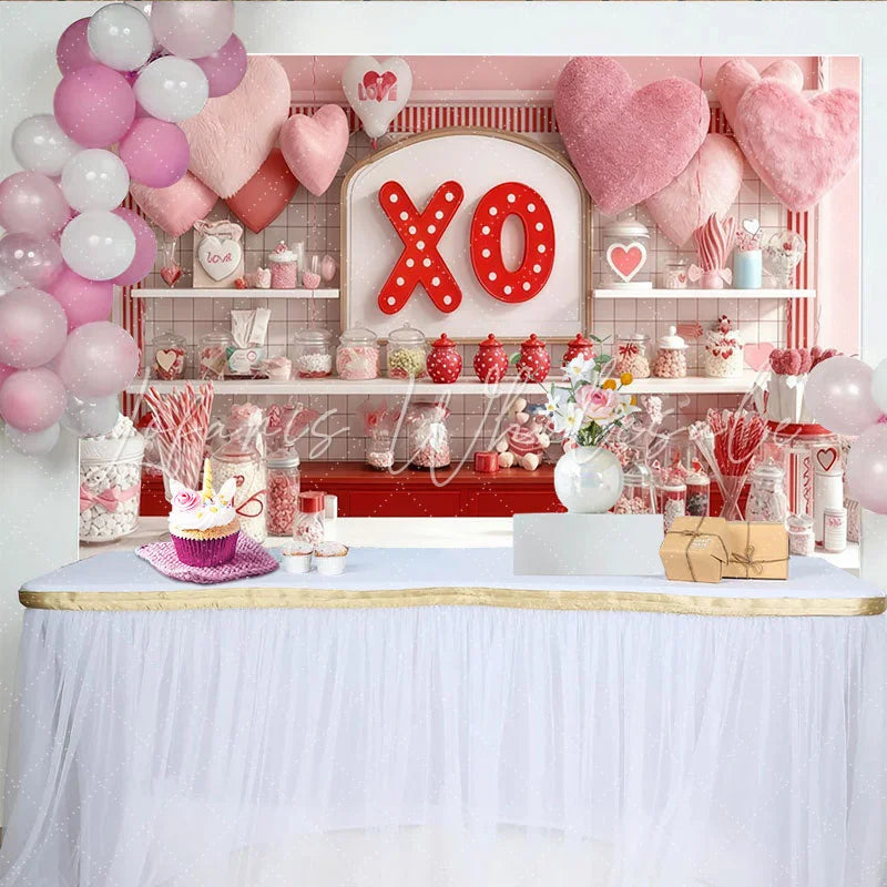 Lofaris Pink and Red XO Hearts Sweet Shop Party Backdrop Romantic Valentine’s Day Love Celebration Decor
