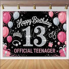 Lofaris Pink and Silver 13th Birthday Backdrop Official Teenager 13 Tiara and Pearls Party Decoration