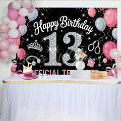 Lofaris Pink and Silver 13th Birthday Backdrop Official Teenager 13 Tiara and Pearls Party Decoration
