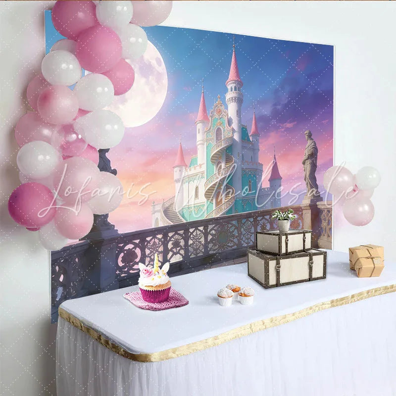 Lofaris Pink and Teal Fantasy Castle Photography Backdrop with Full Moon Magical Fairytale Photo Background for Studio Portrait Sessions