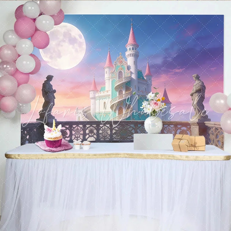 Lofaris Pink and Teal Fantasy Castle Photography Backdrop with Full Moon Magical Fairytale Photo Background for Studio Portrait Sessions