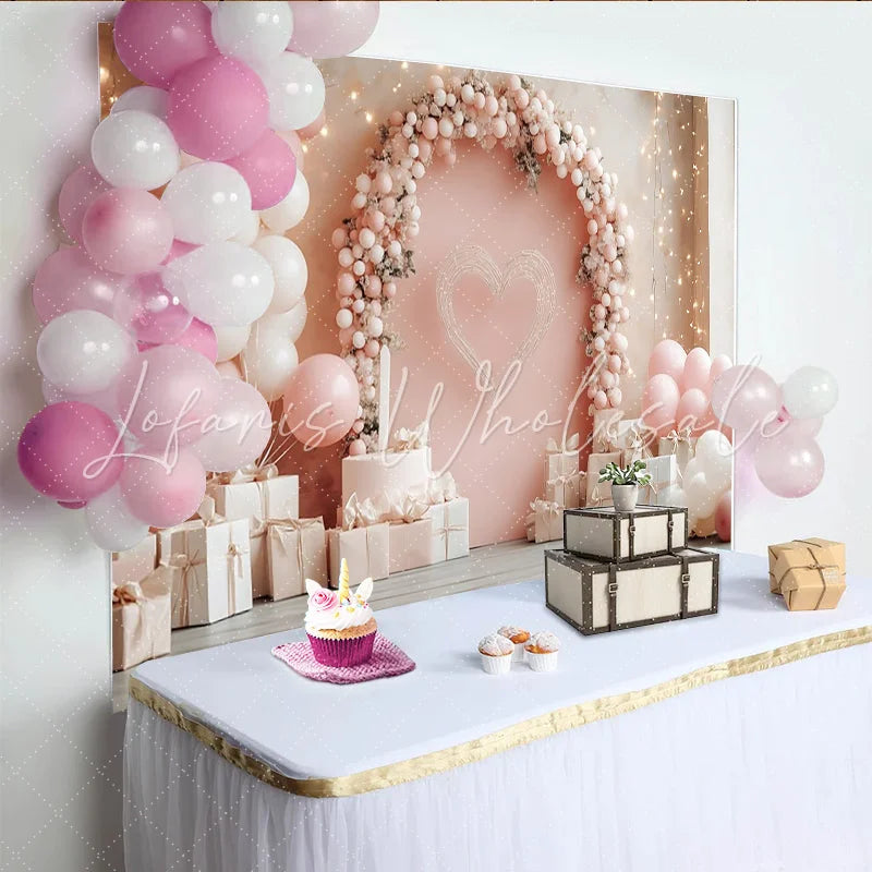 Lofaris Pink and White Balloons Valentines Day Photography Backdrop Elegant Heart Arch Background for Romantic Portraits and Party Decor