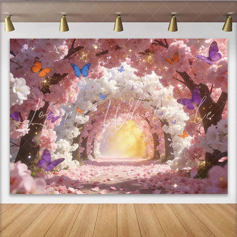 Lofaris Pink and White Cherry Blossom Photography Backdrop Colorful Butterflies and Sparkling Glitter Background for Studio Photoshoot