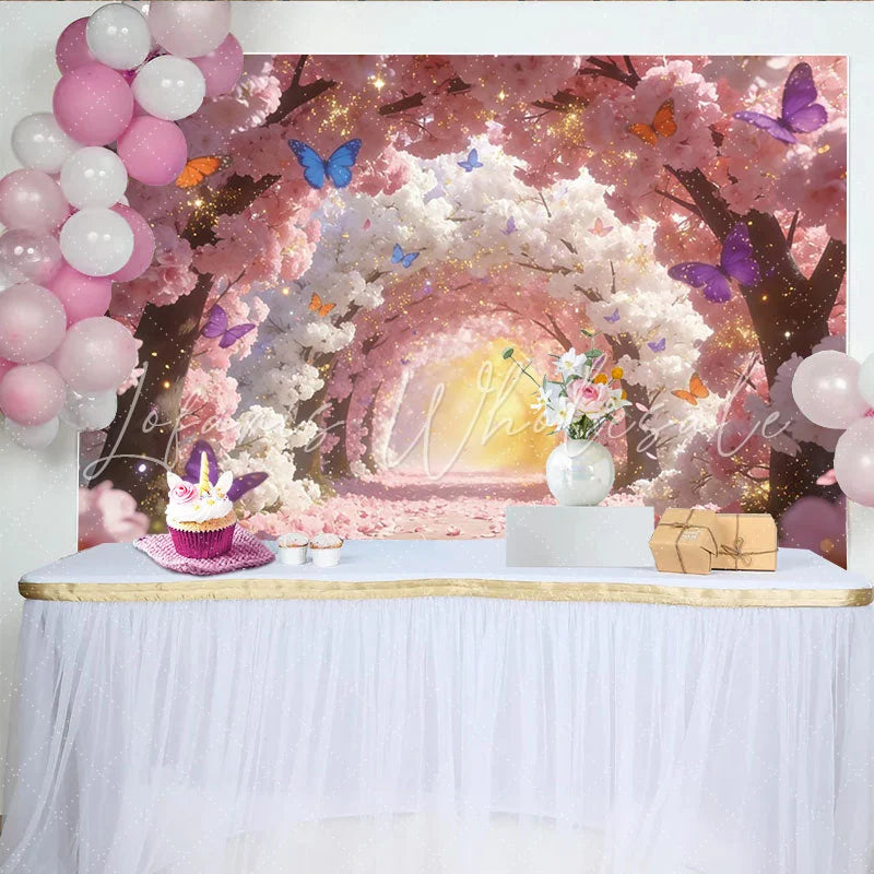 Lofaris Pink and White Cherry Blossom Photography Backdrop Colorful Butterflies and Sparkling Glitter Background for Studio Photoshoot