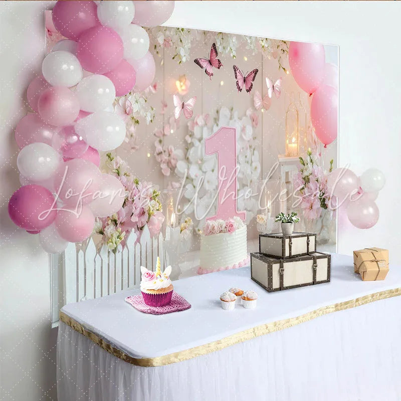 Lofaris Pink and White First Birthday Party Backdrop with Butterflies and Flowers Elegant Baby Girl Celebration Decor