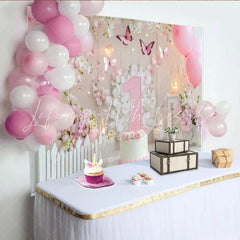 Lofaris Pink and White First Birthday Party Backdrop with Butterflies and Flowers Elegant Baby Girl Celebration Decor