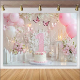 Lofaris Pink and White First Birthday Party Backdrop with Butterflies and Flowers Elegant Baby Girl Celebration Decor