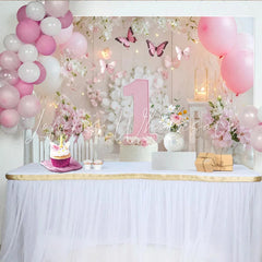 Lofaris Pink and White First Birthday Party Backdrop with Butterflies and Flowers Elegant Baby Girl Celebration Decor