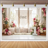 Lofaris Pink and White Floral Boho 1st Birthday Backdrop Elegant Photography Background for Cake Smash Party Decor