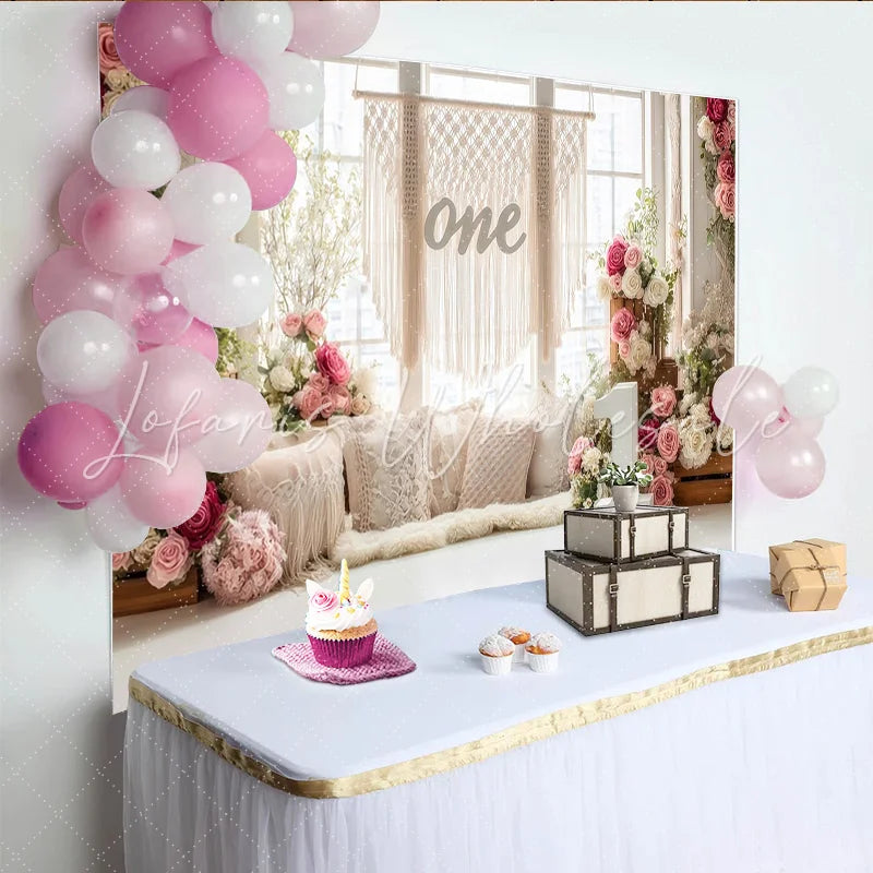 Lofaris Pink and White Floral Boho 1st Birthday Backdrop Elegant Photography Background for Cake Smash Party Decor