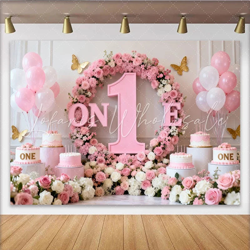 Lofaris Pink and White Floral ONE First Birthday Party Backdrop Elegant Baby Girl Celebration Decor with Gold Butterflies