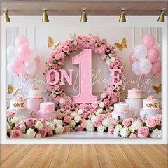 Lofaris Pink and White Floral ONE First Birthday Party Backdrop Elegant Baby Girl Celebration Decor with Gold Butterflies
