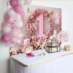 Lofaris Pink and White Floral ONE First Birthday Party Backdrop Elegant Baby Girl Celebration Decor with Gold Butterflies
